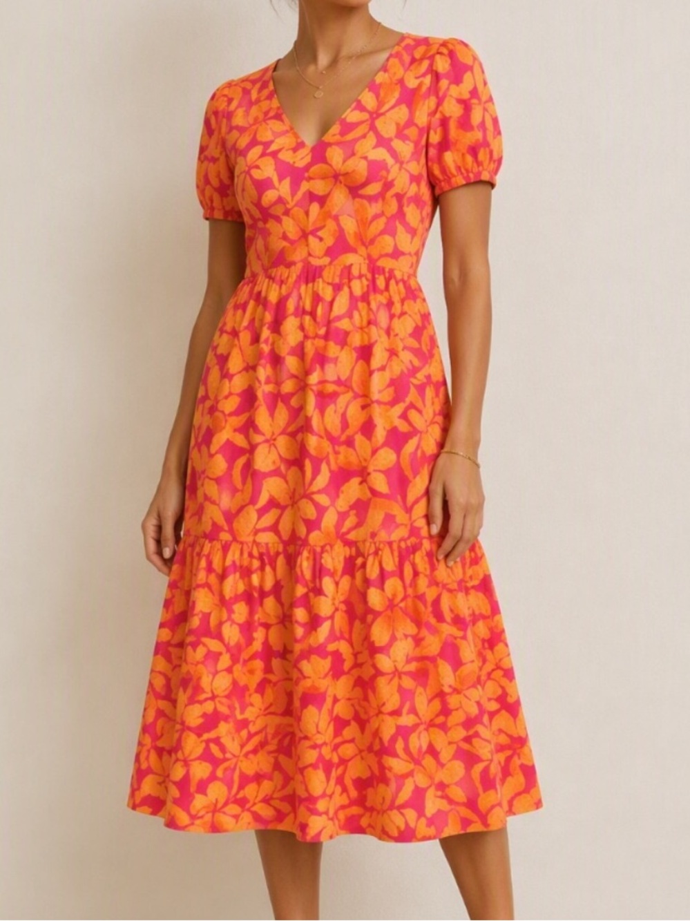 J. Crew V-Neck Floral Midi Dress in Orange & Pink size 10 petite